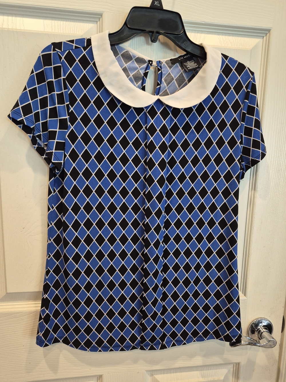 Liz McCoy Blue and White Diamond-Print Peter Pan Collar Top